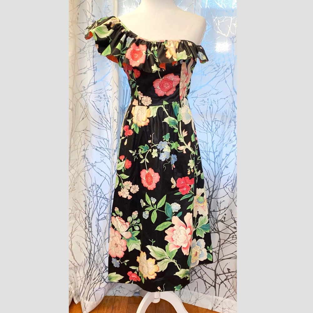 Vintage BLAIR WOOLVERTON black green pink floral print one shoulder ruffle dress